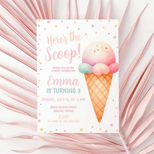 Invitation Voici l'anniversaire de la crème glacée rose Scoop