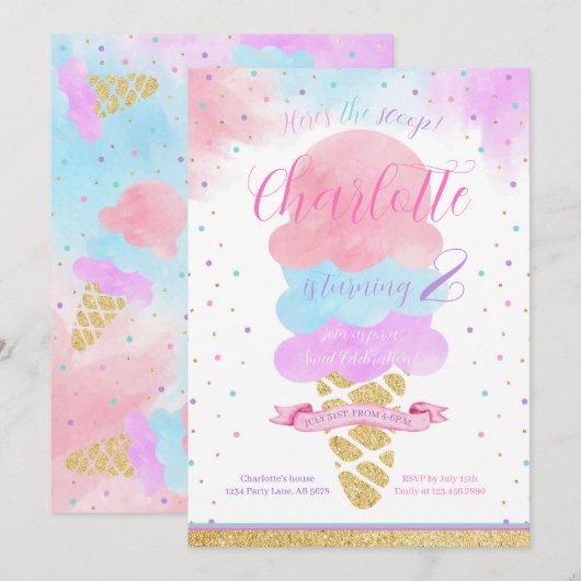 Invitation Voici l'anniversaire de la crème glacée Scoop (Devant / Derrière)