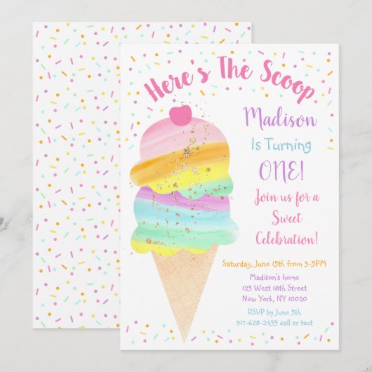 Invitation Voici l'anniversaire de la crème glacée Scoop Rain (Devant / Derrière)
