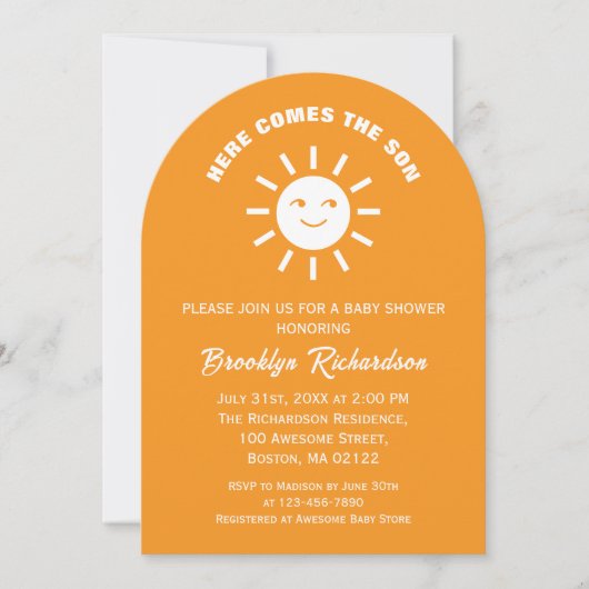 Invitation Voici Le Baby shower Blanc Son Soleil Orange (Devant)