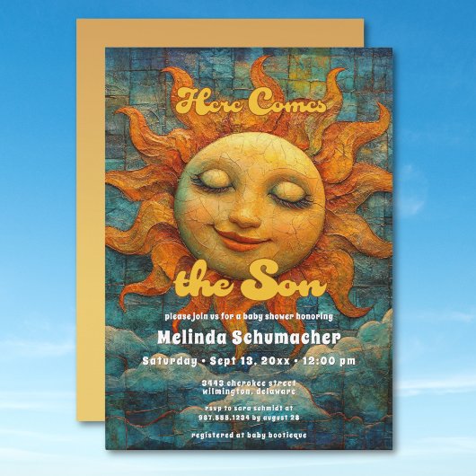 Invitation Voici le Baby shower céleste rétro Son