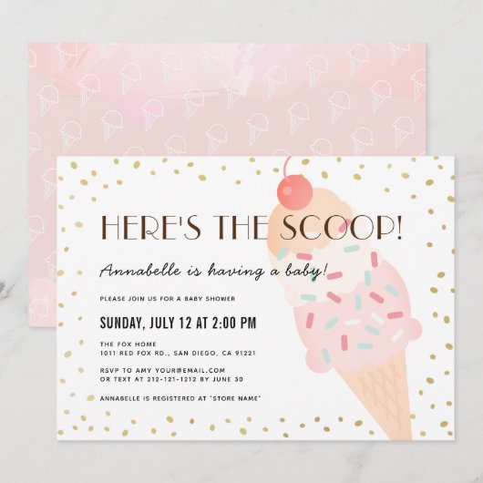 Invitation Voici le Baby shower de fille rose crème glacée Sc (Devant / Derrière)