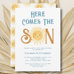 Invitation Voici Le Baby shower Fils<br><div class="desc">Famille Invitation et amis à votre baby shower sur le thème du soleil avec cette mignonne invitation de baby shower pour garçons de soleil. Il présente le texte "Here Comes The Son" en typographie rétro bleue avec un joli soleil d'aquarelle jaune. Le dos est décoré d'un motif souriant. Facile à...</div>