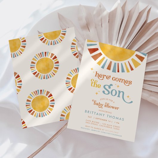 Invitation Voici le Baby shower garçon Son Boho Retro