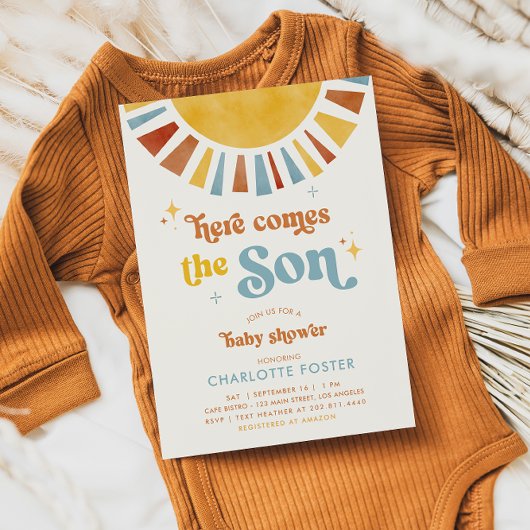 Invitation Voici le Baby shower garçon Son Boho Retro