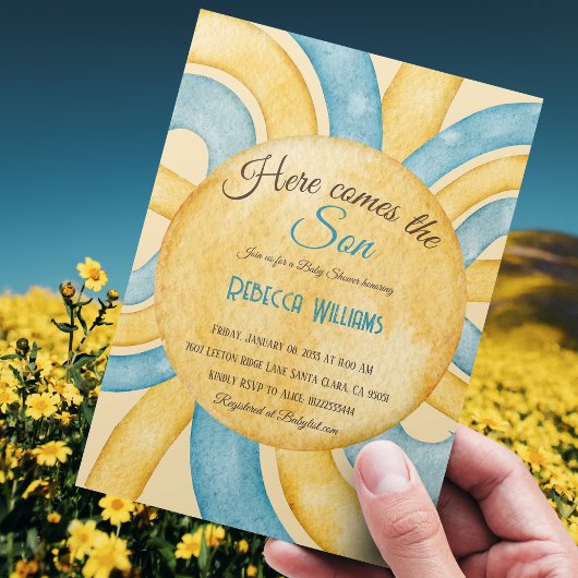 Invitation Voici le Baby shower Son Yellow Blue Rays