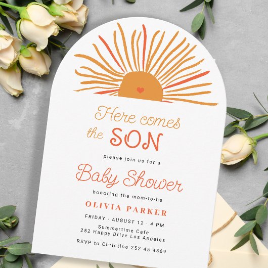 Invitation Voici le fils baby shower de garçon en arc de sole