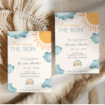 Invitation Voici Le Fils Baby shower Garçon bleu<br><div class="desc">Amusant et mignon invitation garçon baby shower "voici le fils" avec nuage d'aquarelle et design arc-en-ciel avec adorable motif de coeur arc-en-ciel sur le dos.</div>