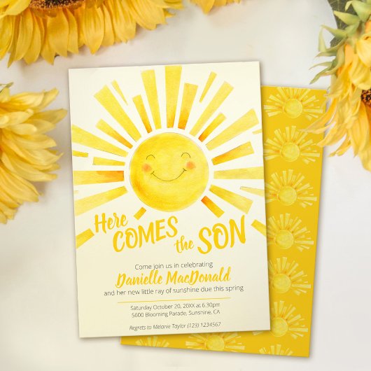 Invitation Voici le fils le soleil jaune baby shower