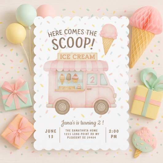 Invitation Voici le Scoop ! | Camion à glace rose