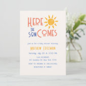 Invitation Voici Le Son Minimal Rétro Baby shower Soleil (Debout devant)