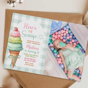 Invitation Voici The Scoop Ice Cream Bow 1st Birthday Photo