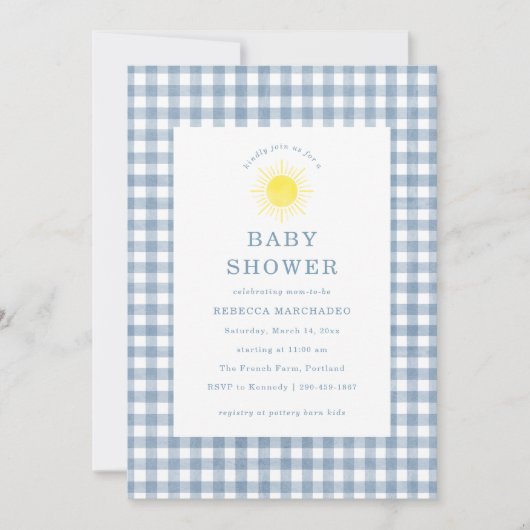 Invitation Voici venir le fils Baby Shower à carreaux bleus (Devant)