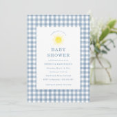 Invitation Voici venir le fils Baby Shower à carreaux bleus (Debout devant)