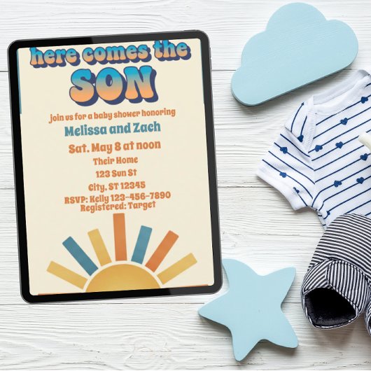 Invitation Voici venir le FILS, Baby Shower Bohème Soleil