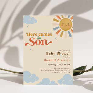 Invitation Voici venir le fils Boho Vintage Retro Baby Shower