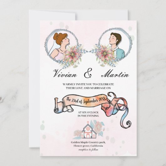 Invitation Voie rose et laiteuse Mini Floral QR code mariage (Devant)