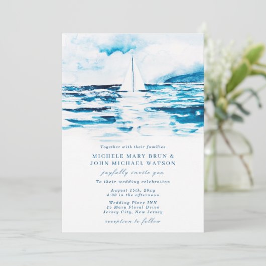 Invitation Voile Aquarelle Bleu Blanc Mer Mariage d'été (Debout devant)