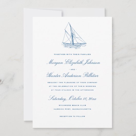 Invitation Voilier et Vagues Elégant Mariage bleu marine (Devant)