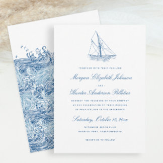 Invitation Voilier et Vagues Elégant Mariage bleu marine