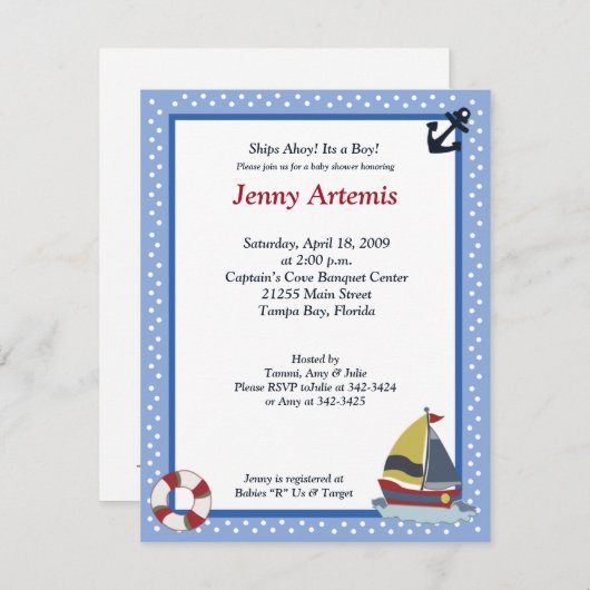 Invitation Voilier Voilier Bateau Baby shower 4x5 (Devant / Derrière)