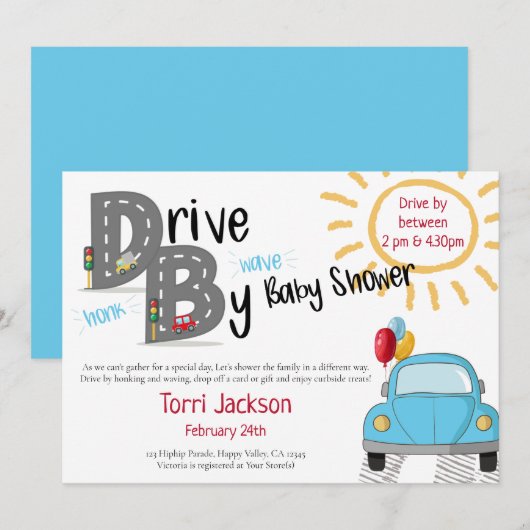 Invitation Voiture Baby shower Blue et ballons (Devant / Derrière)