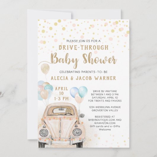Invitation Voiture Baby shower Pink Gold Peach (Devant)