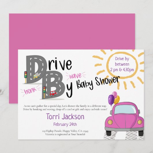 Invitation Voiture Baby shower rose et ballons (Devant / Derrière)