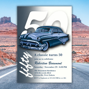 Invitation Voiture Bleue Classique de Voyage Fête son 50e Ann
