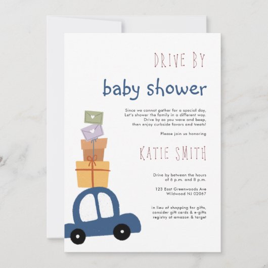 Invitation Voiture bleue mignonne avec cadeaux Drive par Baby (Devant)