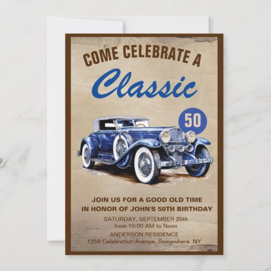 Invitation Voiture Bleue Vintage Classique Cinquante Annivers (Devant)