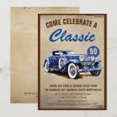 Invitation Voiture Bleue Vintage Classique Cinquante Annivers (Devant / Derrière)