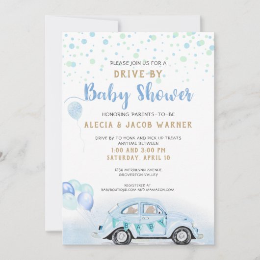 Invitation Voiture Boy Baby shower Blue Green Gold (Devant)