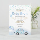 Invitation Voiture Boy Baby shower Blue Green Gold (Debout devant)