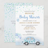 Invitation Voiture Boy Baby shower Blue Green Gold (Devant / Derrière)