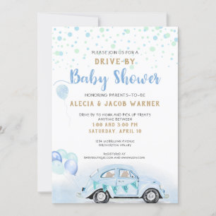 Invitation Voiture Boy Baby shower Blue Green Gold