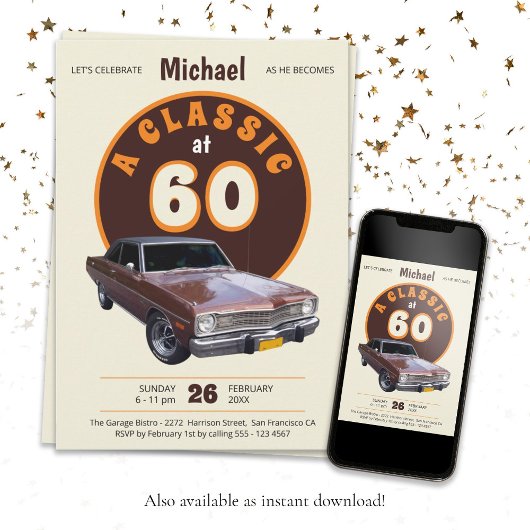 Invitation Voiture classique 60e anniversaire Fun Retro Vinta