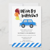 Invitation Voiture d'anniversaire mignon Bleu Ballons de voit (Devant)