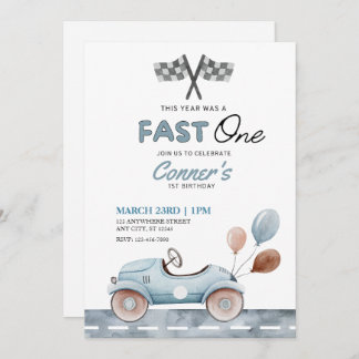 Invitation Voiture d'aquarelle Fast One et balons Premier ann
