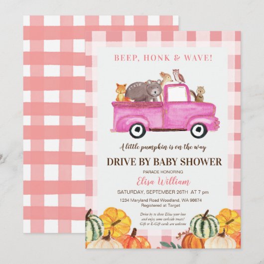 Invitation Voiture De Camion Rose Woodland Par Baby shower (Devant / Derrière)