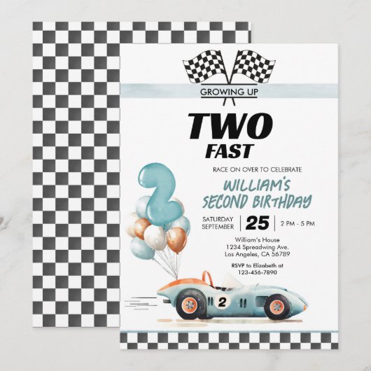 Invitation Voiture de course 2 Rapide 2e anniversaire (Devant / Derrière)