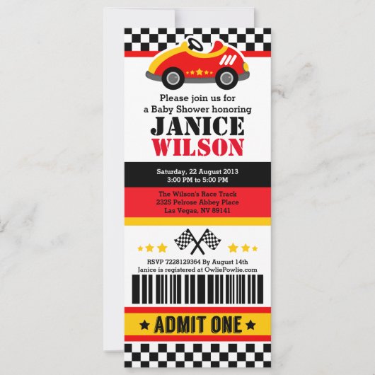 Invitation Voiture de course Billet Pass Baby shower Fête Inv (Devant)