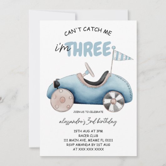 Invitation Voiture de course bleue 3e anniversaire (Devant)