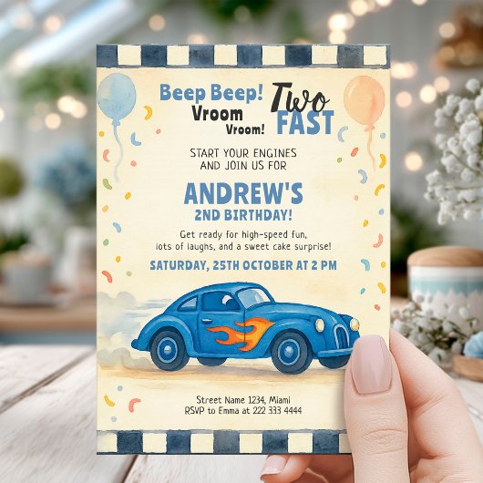 Invitation Voiture de course bleue pour le deuxième anniversa