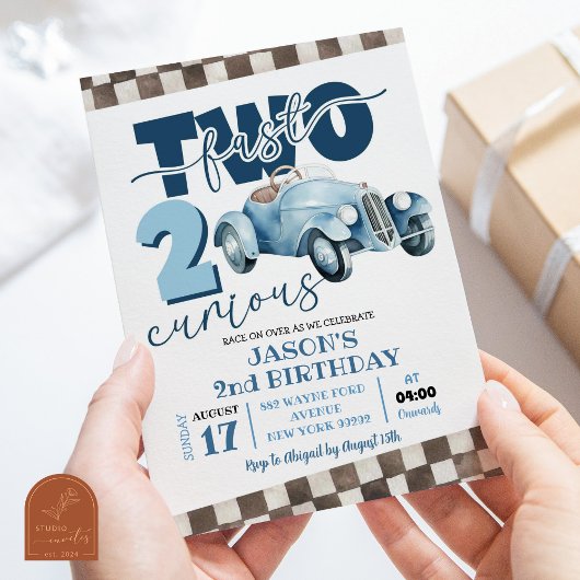 Invitation Voiture de course bleue Two Fast Two Curious 2e an
