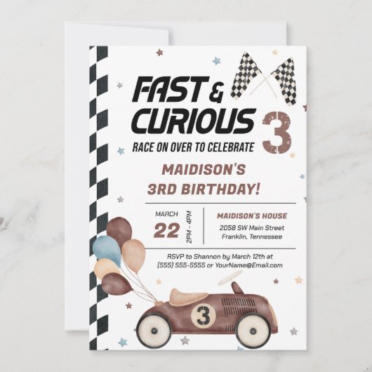Invitation Voiture de course Brown rapide et curieux 3e fête  (Devant)
