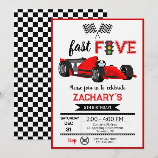 Invitation Voiture de course Fast & Five Red Flame 5e anniver (Devant / Derrière)