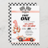 Invitation Voiture de course Fast One Blue 1er anniversaire (Devant / Derrière)