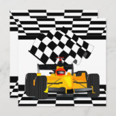 Invitation Voiture de course jaune avec drapeau À damiers (Devant / Derrière)