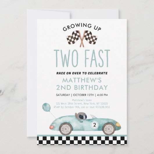 Invitation Voiture de course moderne deux anniversaire rapide (Devant)